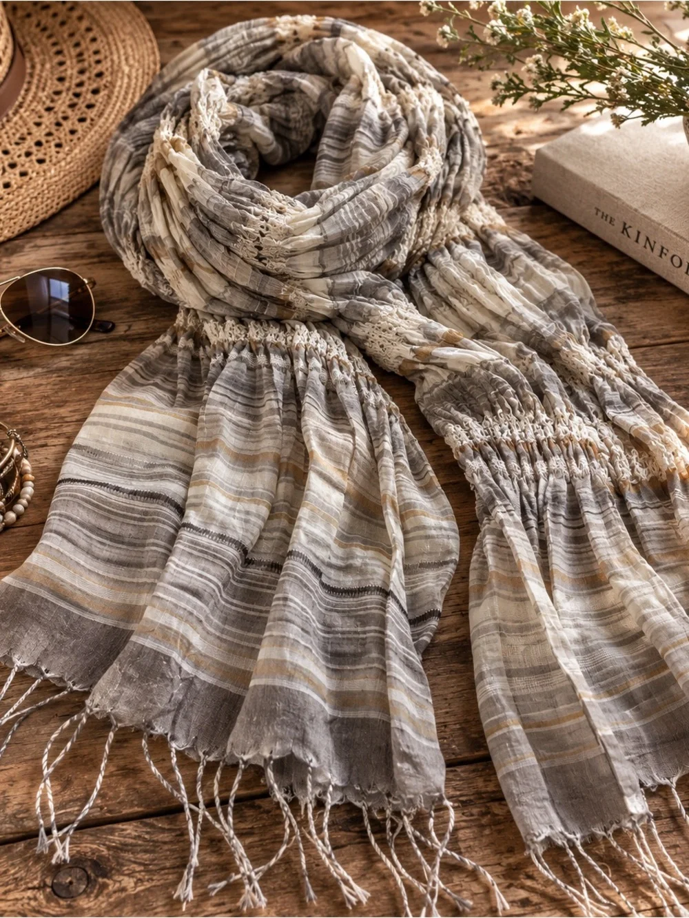 Eileen Fisher 100% Silk Crinkle Scarf Wrap Gray Taupe Stripe Fringe MSRP $179